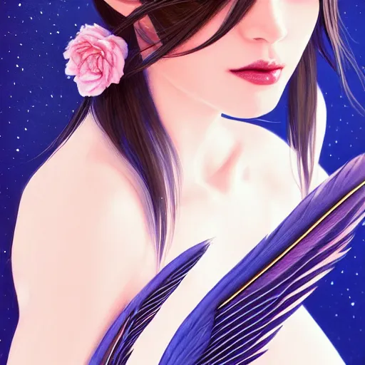 Image similar to 3 / 4 view of a portrait of a woman with feather wings, confident pose, pixie, genshin impact, magical, intricate, elegant, sharp focus, illustration, highly detailed, concept matte, trending on artstation, anime, strong brush stroke, sharp focus, illustration, art station, art by ilya kuvshinov and artgerm h 6 4 0