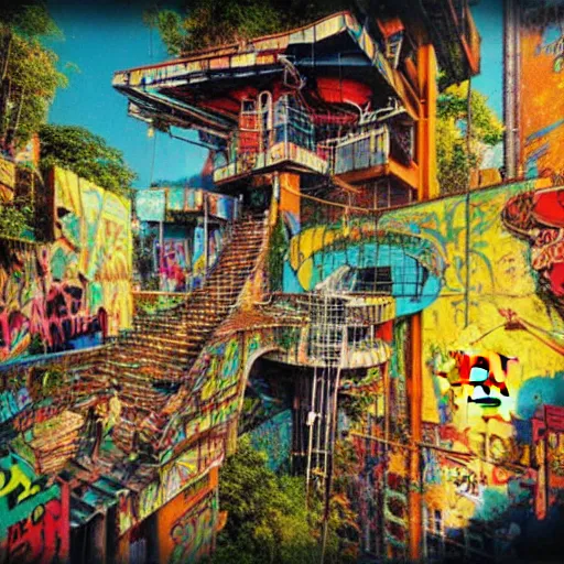 Prompt: breakfast at las pozas, graffiti by moebius, happy mood, cyberpunk, futuristic, 1 9 7 0 cut out collage, technilogy, high detail, golden light, realistic