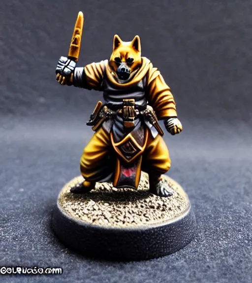 Image similar to a shiba inu, resin miniature, 2 8 mm heroic scale, games workshop, deity, citadel colour, glowing eyes, osl, nmm, r / paintedminis, round base, fantasy ttrpg villain, dungeons and dragons, reaper minis