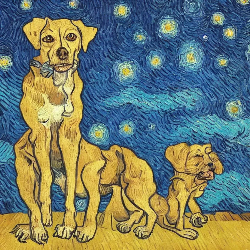 Image similar to studio portrait of a dog in the style of Starry Night; oil painting by Vincent van Gogh