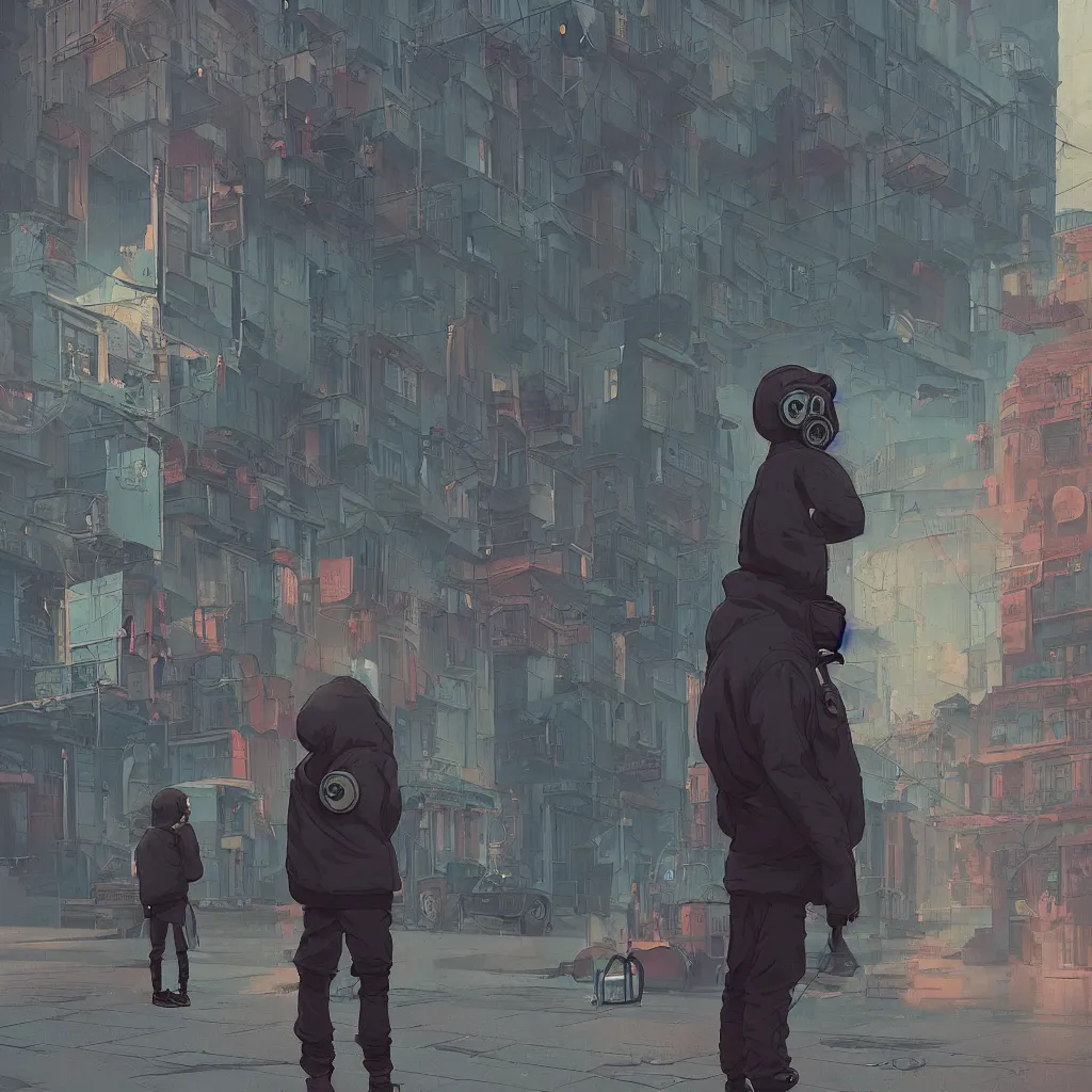 Prompt: a boy in hooded sweatshirt wearing a gas mask standing at a bus stop in a steampunk city by beeple and alex andreev and feng zhu and tomer hanuka, dramatic composition, rule of thirds, bright colors, global illumination, victorian architecture