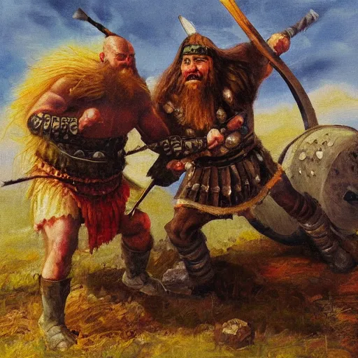 Prompt: A viking fighting a troll, oil painting