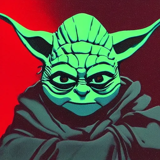 Prompt: evil yoda, red power, dark background, artwork by john hoyland and cory loftis