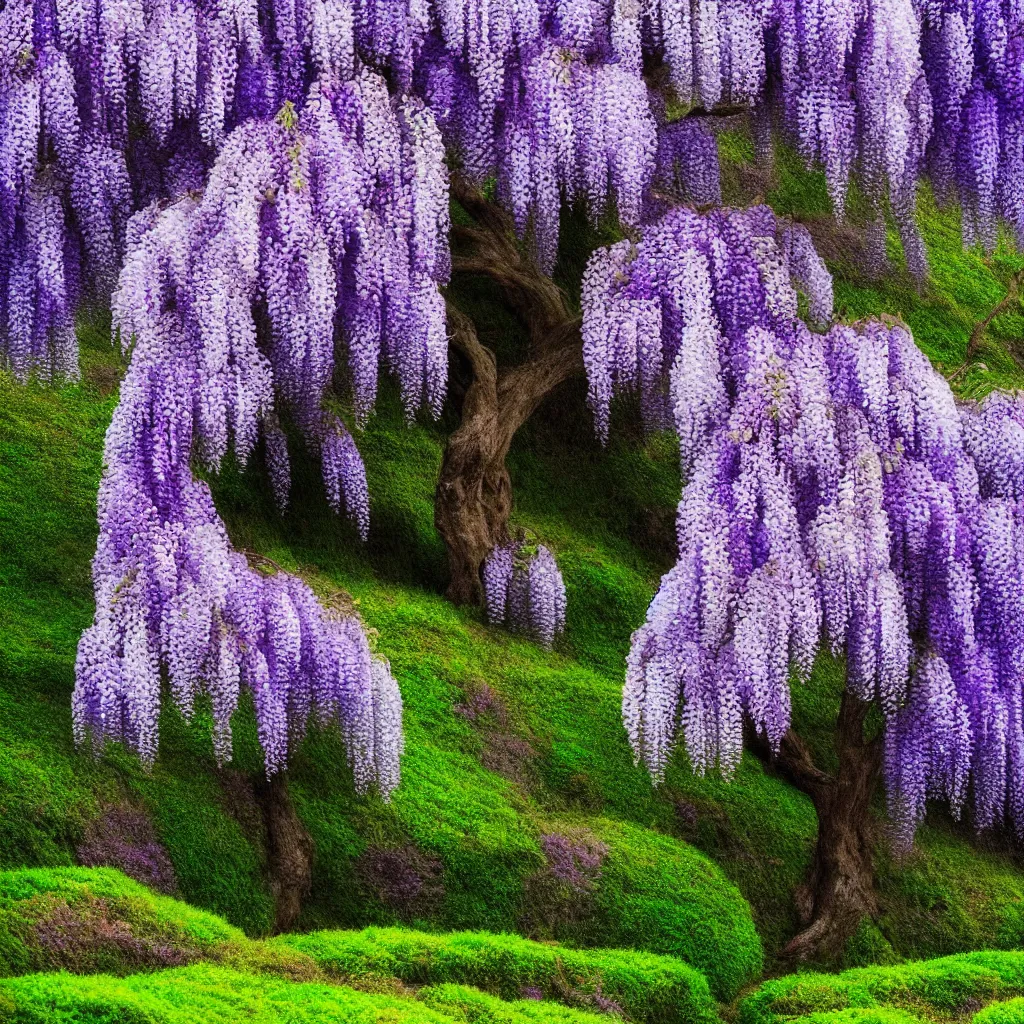 Image similar to tiny wisteria tree on top of a distant hill. backlit. muted colors. fantasy magic style. highly detailed 8 k. intricate. lifelike. epic. movie poster. soft light. sony a 7 r iv 5 5 mm. cinematic post - processing