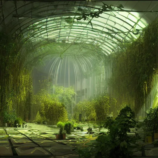 Image similar to GLaDOS in the center of a huge hall overgrown with vines and plants of the complex, old computers, a suspension of dust in the air, rays of light through the ceiling, realism, art,