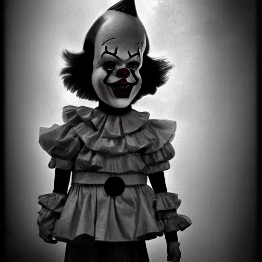 Image similar to Creepy full body shot of Pennywise the clown, old photo, grayscale