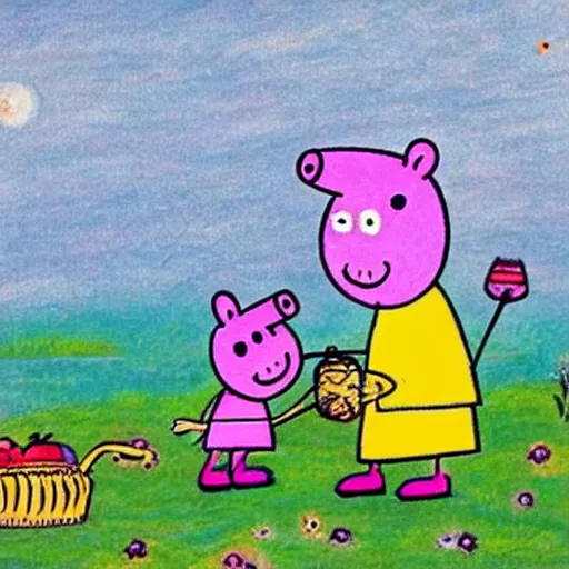 Image similar to Peppa Pig meets the moonmins at last. Peppa Pig and the Moomins eat a picnic in front of the sea. Moomintroll gives an apple to Moominpappa. Beautiful drawing