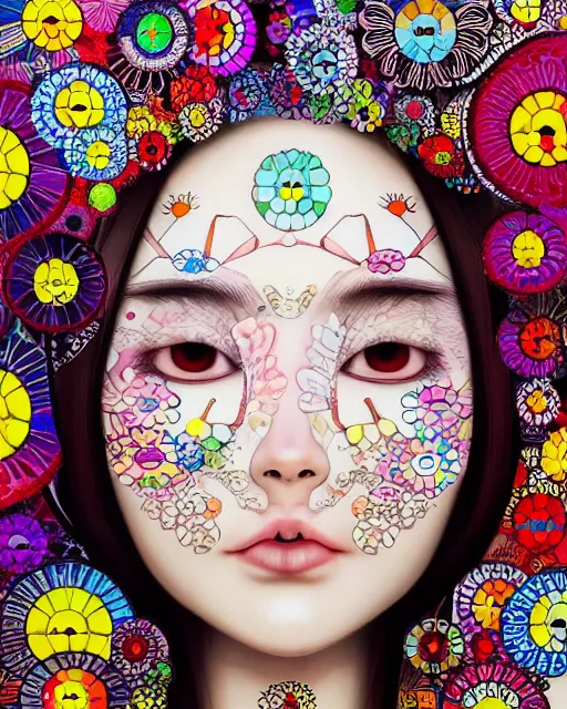 Image similar to a beautiful girl surrounded by bright intricate patterns, by takashi murakami, intricate painting, hyper realistic, extremely detailed and beautiful aesthetic face, 8 k resolution