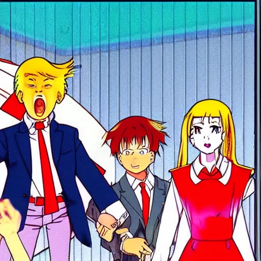 Prompt: ivanka trump running from donald trump, sprite, vaporwave nostalgia, directed by beat takeshi, visual novel cg, 8 0 s anime vibe, kimagure orange road, maison ikkoku, sketch by akira toriyama