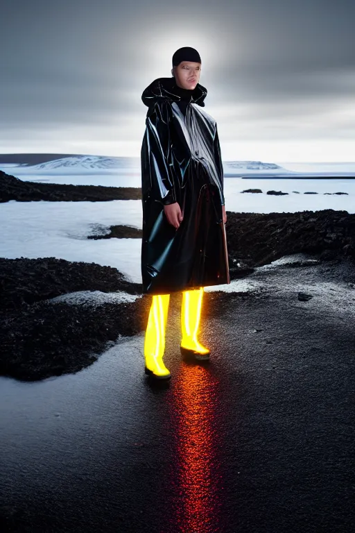 Image similar to an ultra high definition professional high fashion portrait studio full length photograph of a model wearing a transparent pearlescent raincoat and neon visor in an icelandic black rock environment at dawn. no artefacts. extremely detailed. stark. refraction. shallow depth of field. volumetric light and shadow. ray tracing. light rays.