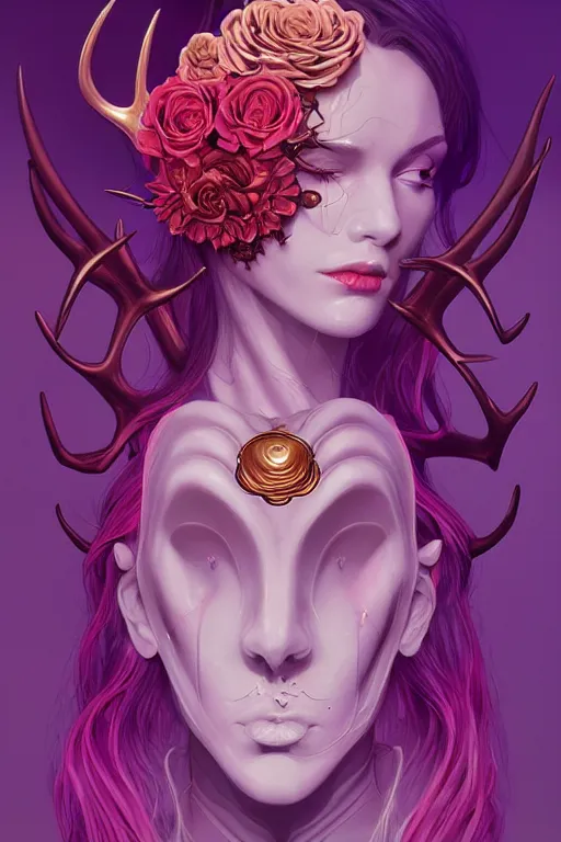 Image similar to 👁🌹👾, phantom, dreary, dramatic, fluid, golden ratio, artstation, moebius + loish, hd, antlers