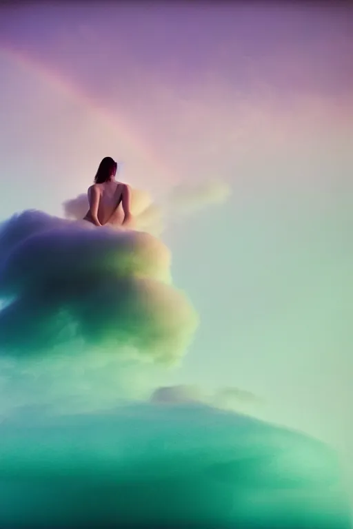 Image similar to high quality pastel coloured film close up wide angle photograph of a model wearing clothing swimming on cloud furniture in a icelandic black rock!! environment in a partially haze filled dreamstate world. three point light, rainbow. photographic production. art directed. pastel colours. volumetric clouds. pastel gradient overlay. waves glitch artefacts. extreme facial clarity. 8 k. filmic.