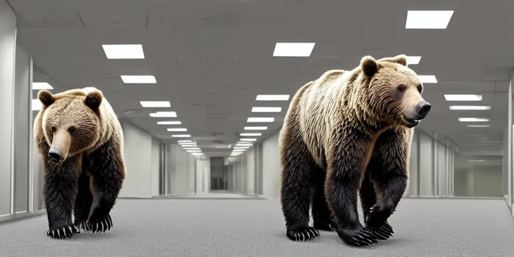 Prompt: A photo of a grizzly bear in a business suit working in a corporate office, 4K, realistic,