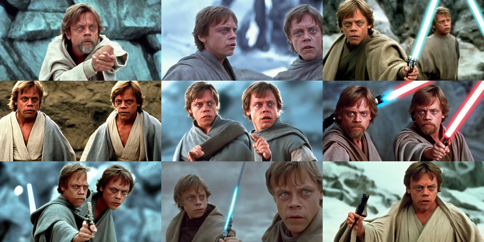 Prompt: A still of Mark Hamill as Jedi Master Luke Skywalker from Star Wars, 1990, Directed by Steven Spielberg, 35mm