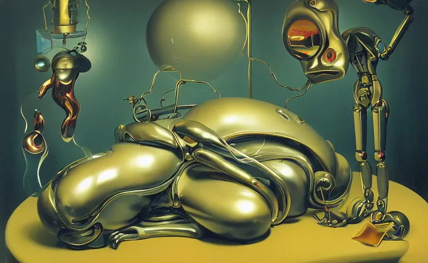 Image similar to strange seductive futuristic robot body, enticing colorful oil painting dutch golden age vanitas longing sensual still life sparse composition with bulbous objects strange gooey transparent surfaces shiny metal reflections bizarre mutant meat insects rachel ruysch dali todd schorr very detailed perfect composition rule of thirds masterpiece canon 5 0 mm, cinematic lighting, photography, retro, film, kodachrome