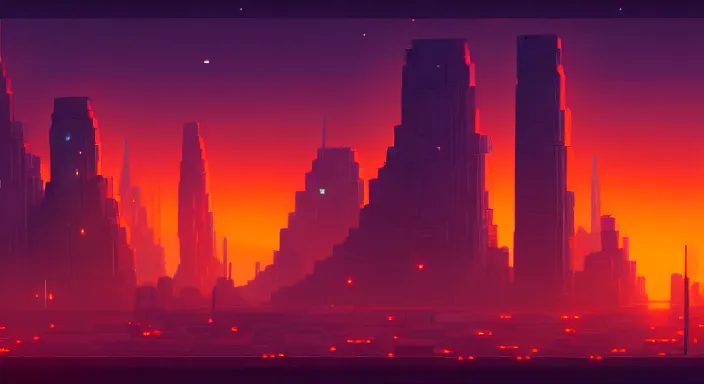 Prompt: beauiful background painting of night level of a 2 d sidescroller game, in a futuristic city in an alien world, orange sky, video game art, pixel art, concept art, surreal and charming, synthwave, ultra detailed, cool lighting, trending on artstation