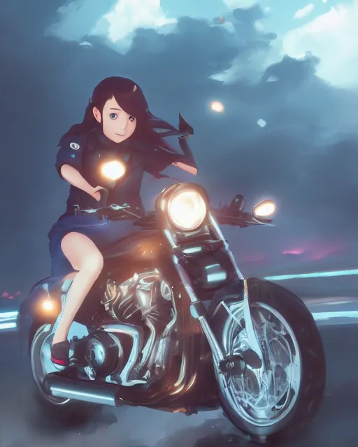 Prompt: a girl joyriding a on a motorcycle, full shot, atmospheric lighting, detailed face, by makoto shinkai, stanley artgerm lau, wlop, rossdraws
