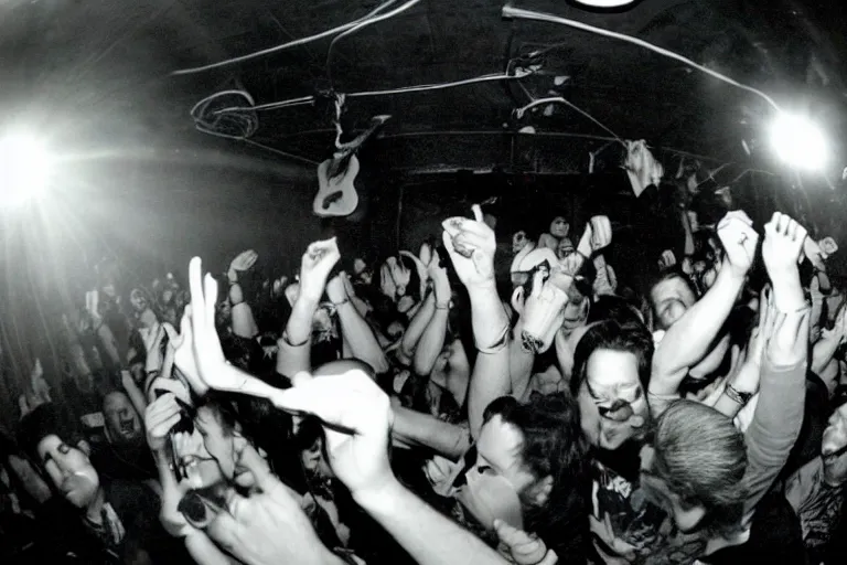 Prompt: elvis presley grindcore show, basement, fisheye lens, san diego 2002