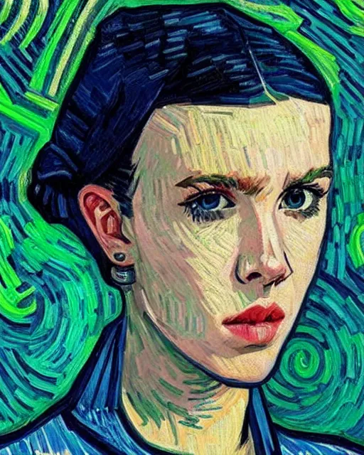 Prompt: portrait of cyberpunk millie bobby brown by vincent van gogh