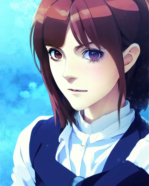 Image similar to Anime as Emma Watson playing Hermione Granger. Cute fine face. Pretty face. Cute smile. Realistic shaded. Perfect face. Fine details. Anime. Realistic shaded lighting. Ilya Kuvshinov. Katsuhiro Otomo. Ghost in the shell. Magali Villeneuve. artgerm. Jeremy Lipkin. Michael Garmash. Rob Rey,