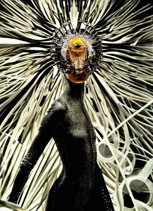 Image similar to walking down the catwalk, steven klein, show, stage, vogue photo, podium, fashion show photo, iris van herpen, beautiful woman, perfect body, full body shot, helmet on face, masterpiece, plant predator, guyver, jellyfish, biomechanical details, movie still, fauvism, cinestill, bokeh, gelios lens