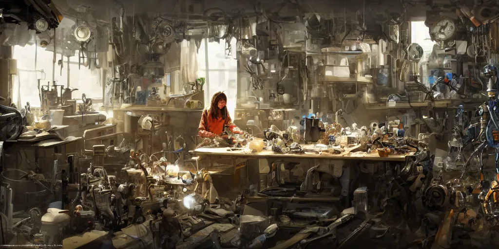 Prompt: an environmental concept art of a female scientist building a robot in a cluttered workshop, highly detailed, cinematic, dramatic lighting, close shot by francis tneh