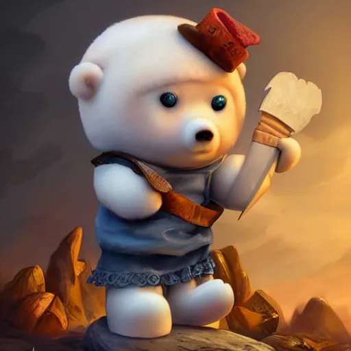 Image similar to cute porcelain doll ice bear with axe in san fransisco, mark ryden style, vivid colors, high details, cinematic, 8 k resolution, beautiful detailed, photorealistic, digital painting, dark atmosphere, artstation, concept art, smooth, sharp focus, illustration, fantasy background, artstation trending, octane render, unreal engine