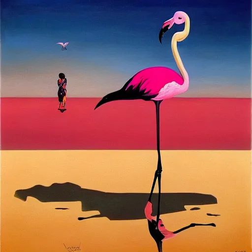 Image similar to A surreal oil painting of a puzzle containing a beautiful woman and Flamingos on a desert beach by Salvador Dali, dark vibes, high contrast, cinematic, depth of field