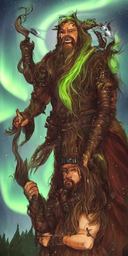 Image similar to dungeons and dragons, realistic,full body long hair goatee warlock with pet imp, magic aura, northern lights