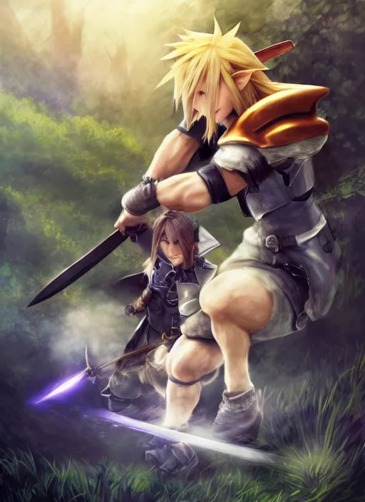 Prompt: cloud from final fantasy 7 and link from zelda fighting in the forest, fantasy, medieval, vivid colors, fantasy, elegant, concept art, sharp focus, beautiful face!!, digital art, hyper - realistic, 4 k, unreal engine, highly detailed, hd, dramatic lighting by brom, trending on artstation