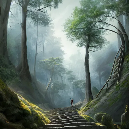 Image similar to a painting of a person walking up a set of stairs in a forest, a detailed matte painting by michael james smith, cgsociety, fantasy art, matte painting, cryengine, vray