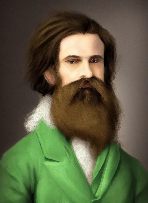 Image similar to an old baron d'arignac, long hair, wear an elegant mustach, white scarf, green shirt, by artgem, digital art, highly detailled