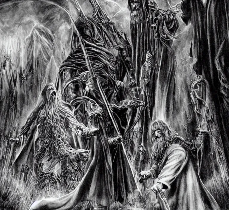 Image similar to frodo!! and gandalf!!, style of h. r. giger, movie still, cinematic