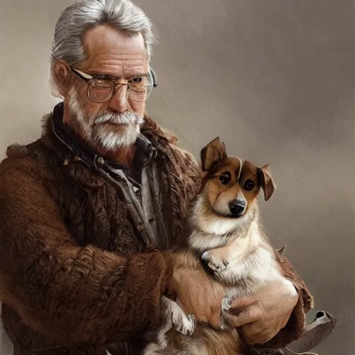 Image similar to portrait of a old, ruggedly handsome man holding a corgi dog, soft hair, muscular, full body, cloth, hairy, d & d, fantasy, intricate, elegant, highly detailed, digital painting, artstation, concept art, smooth, sharp focus, illustration, art by artgerm and greg rutkowski and alphonse mucha