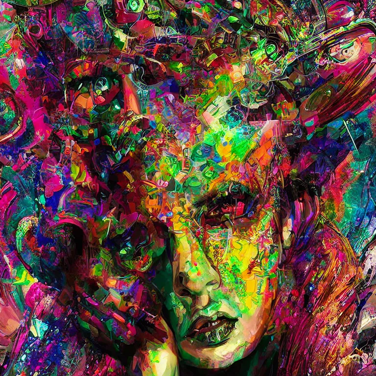 Image similar to hyper-maximalist overdetailed half portrait half collage slightly abstract pesudofigurative digital illustration by archan nair feat hakan hisim inspired by works of android jones. Pschedelic visionary artwork.