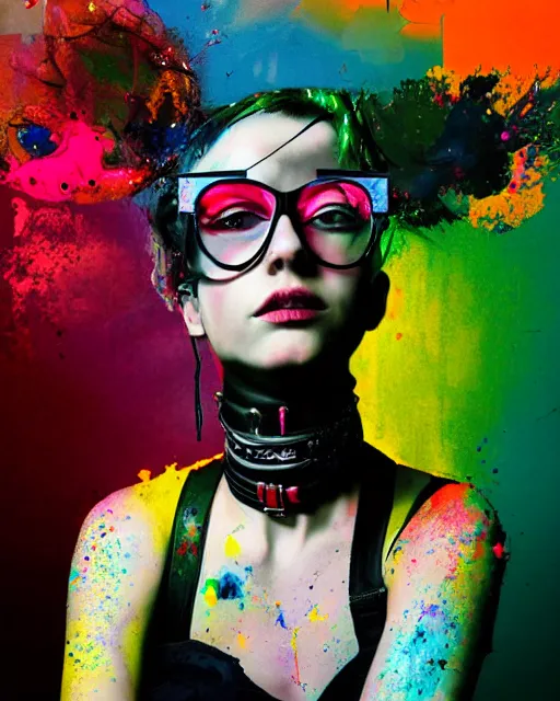 Prompt: a punk girl wearing circular glasses, wearing a choker, side portrait, defiant, passionate, spotlight, paint drips, glitching paint splatter, vibrant colors, dramatic, canvas texture, futuristic clothing, digital painting, photography collage by marco paludet, by jeremy mann, by hannah hoch