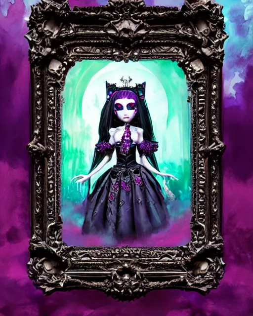 Image similar to baroque bedazzled gothic royalty frames surrounding a watercolor portrait of monster high draculaura doll, stephen bliss, unreal engine, by greg rutkowski, loish, rhads, makoto shinkai and lois van baarle, ilya kuvshinov, rossdraws, global illumination, radiant light, detailed and intricate environment, watercolor lighting