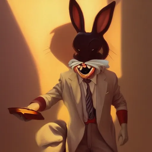 Image similar to salvadore dali cosplay bugs bunny, art by wgreg rutkowski. during golden hour. extremely detailed.