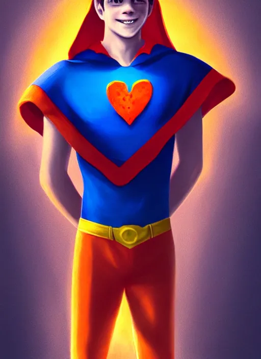 Image similar to friendly teenage archie andrews wearing an orange superhero costume with heart logo, heart, freckles, blue cape, heart emblem on chest, blue cape, intricate, elegant, glowing lights, highly detailed, digital painting, artstation, sharp focus, illustration, art by wlop, mars ravelo and greg rutkowski