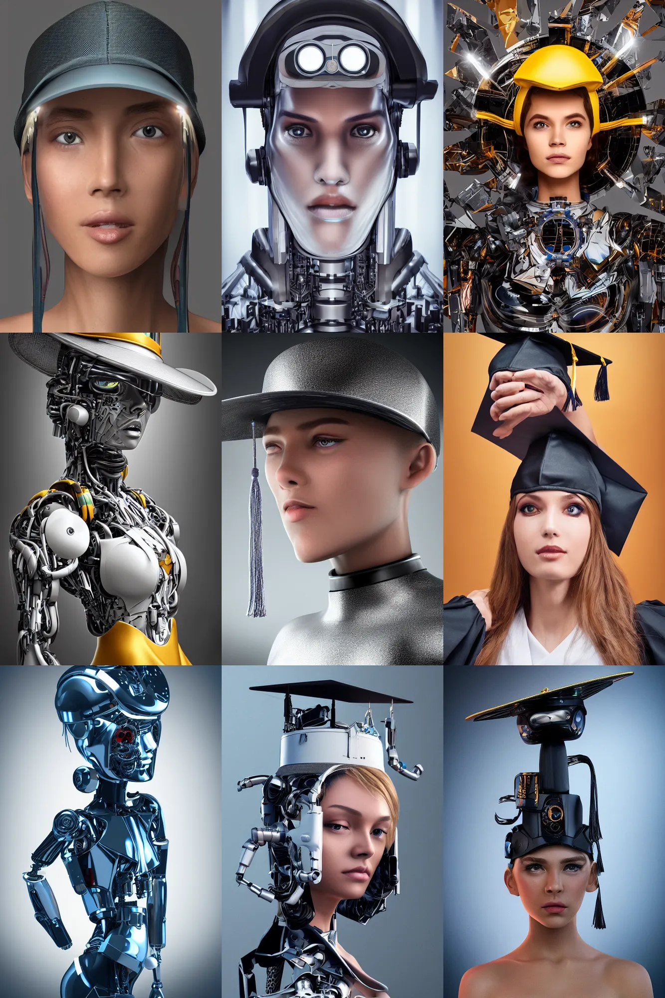 Prompt: a beautiful ultra detailed graduation photo of a futuristic cyborg wearing a graduation hat, by dani diamond, studio lighting, golden ratio composition, 3 5 mm lens, deep depth of field, artstation, 8 k