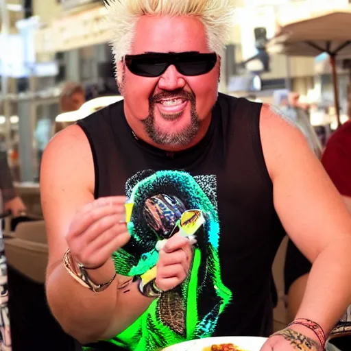 Prompt: guy fieri with pitvipers wearing a mesh neon tank top doing a mukbang
