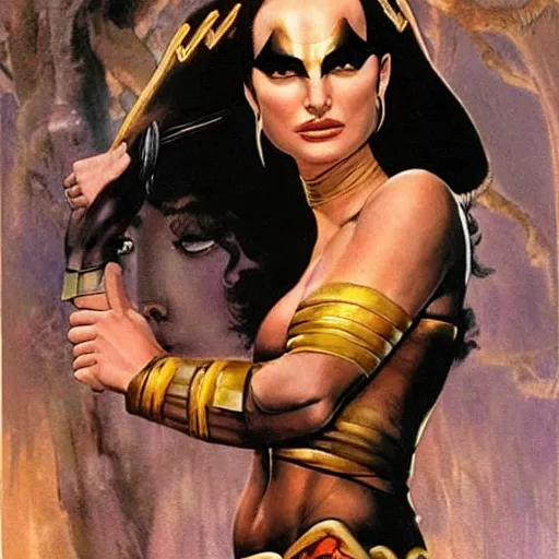 Prompt: Natalie Portman as a beautiful amazon sorceress, wearing tight fitting outfit, Frank Frazetta, Joe Jusko