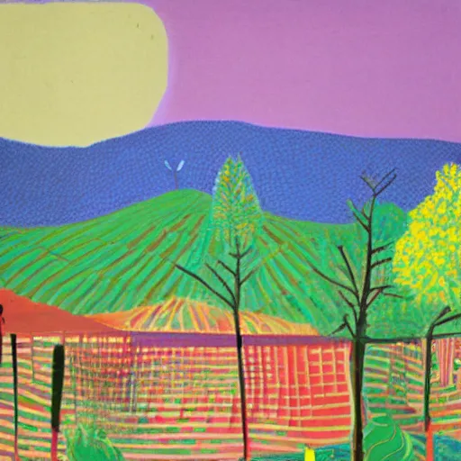 Prompt: dream an ecovillage 2030 David Hockney,