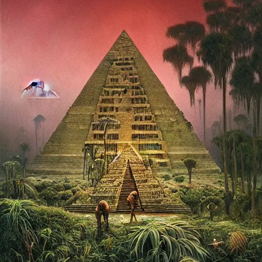 Image similar to a hyperrealistic painting of an overgrown derelict egyptian pyramid in the middle of an alien jungle, bioluminescent plants, by john kenn mortensen and zdzislaw beksinski, highly detailed, vivid color,