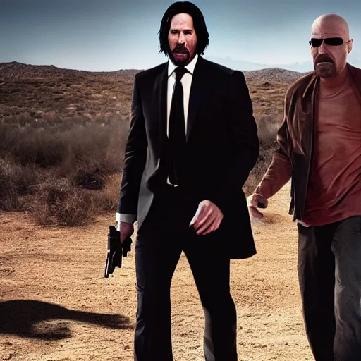 Prompt: john wick saves walter white in breaking bad, 4k, high detail, high-resolution photograph