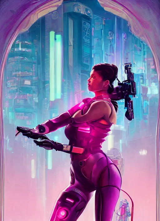 Image similar to beautiful cyberpunk female athlete in pink jumpsuit. lady with blades in arms. ad for cybernetic blade arms. cyberpunk poster by james gurney, azamat khairov, and alphonso mucha. artstationhq. gorgeous face. painting with vivid color, cell shading. ( rb 6 s, cyberpunk 2 0 7 7 )