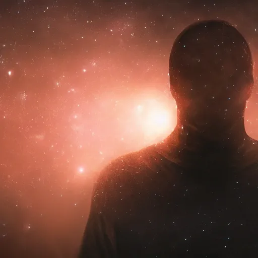 Prompt: silhouette of man, filled with deep space field of twinkling stars, award-winning portrait of face, fantasy horror, 8k, 4k, , matte finish, pixiv, unnerving, volumetric lighting, highly detailed