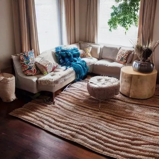 Prompt: a living room made entirely of tassels