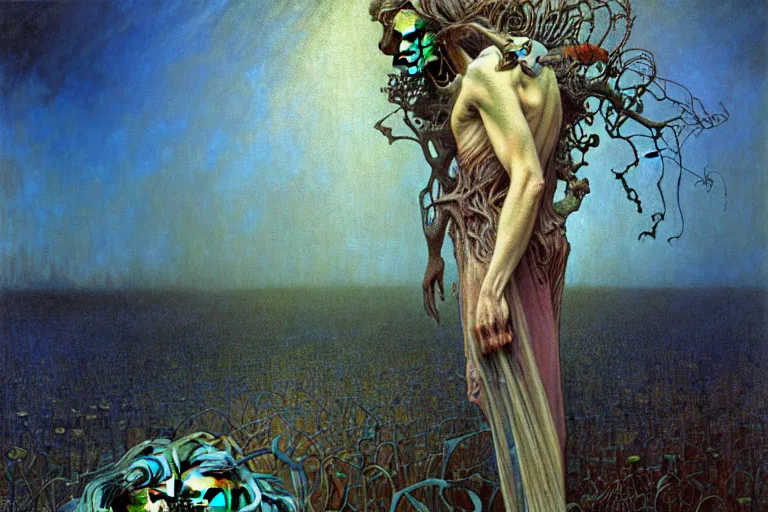 Image similar to realistic detailed portrait painting of a beautiful male zombie, nightly graveyard landscape background by Jean Delville, Amano, Yves Tanguy, Alphonse Mucha, Ernst Haeckel, Edward Robert Hughes, Roger Dean, masterpiece, cinematic composition, dramatic pose, 4k details, rich moody colours, blue eyes