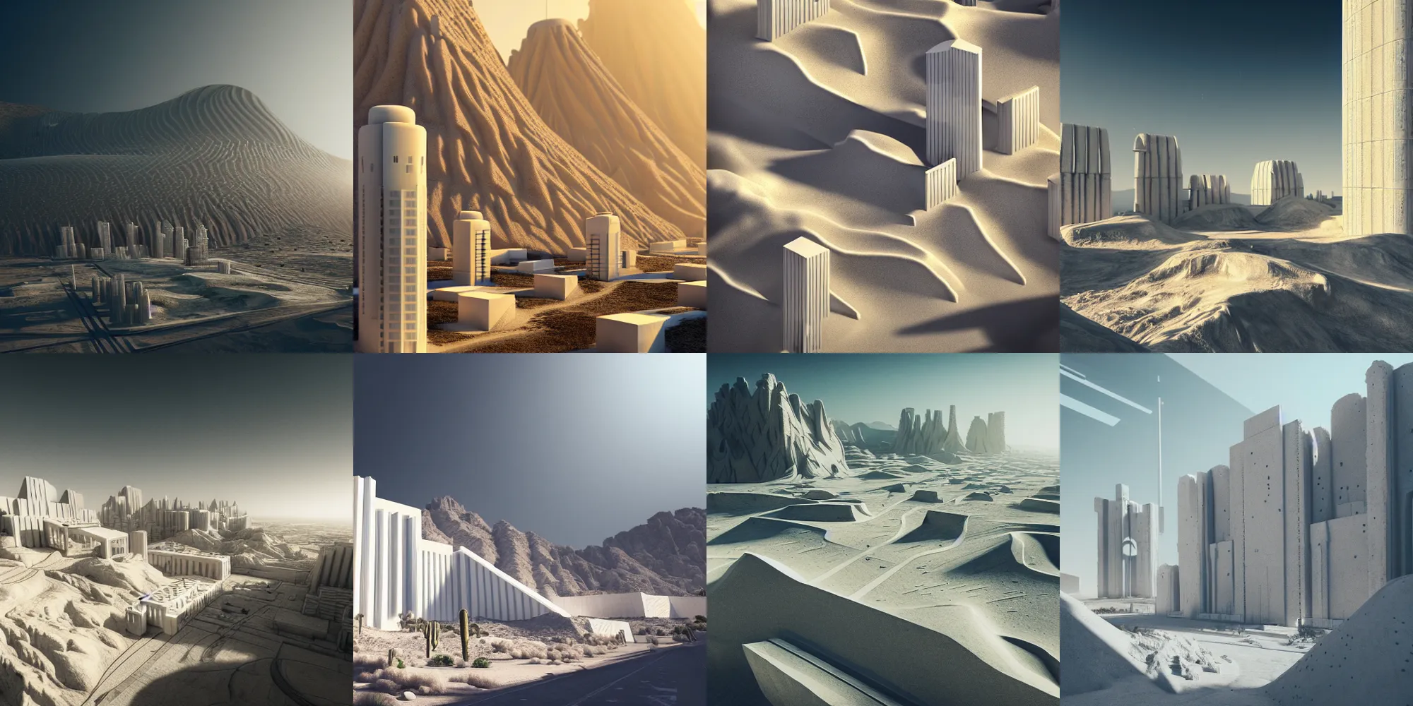 Prompt: city built into side of tall desert mountain, white concrete building architecture, large white pillars, sandy, particles, artstation trending, detailed intricate design, hdr, dramatic lighting